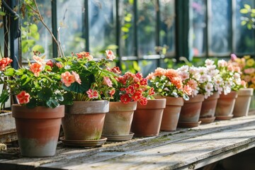 Fototapeta na wymiar Clay pots with Spring Flowers on wooden bench in Greenhouse. Colorful plants gardening. Herb replanting in the green house. Housekeeping and plant growing