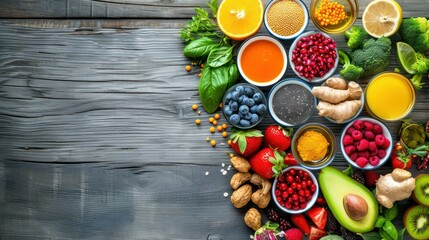 the development of functional foods designed to promote specific health benefits A Symphony of Fresh Ingredients and Spices on a Rustic Wooden Table - obrazy, fototapety, plakaty