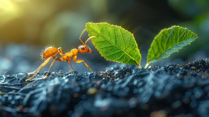 Macro shot side view of an ant taking a green leaf several times bigger than its ant to make a...