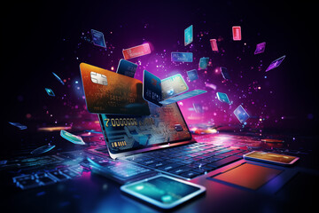Credit cards and smartphone floating above laptop with futuristic digital background - obrazy, fototapety, plakaty