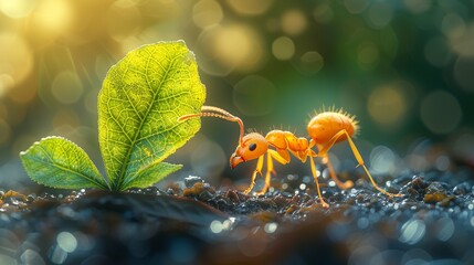 Macro shot side view of an ant taking a green leaf several times bigger than its ant to make a...