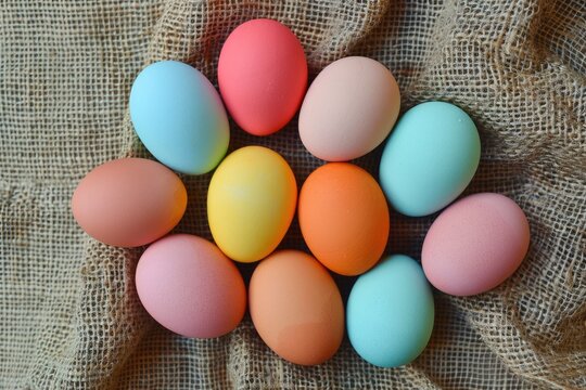 Multicolored Easter Eggs on Burlap top view. Flat lay Woven wicker bag with chicken eggs. Housekeeping and natural healthy food