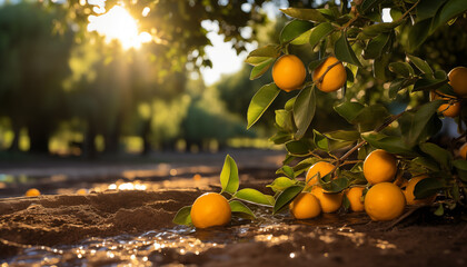 plantation with orange trees with fruits. harvest of ripe oranges. - obrazy, fototapety, plakaty