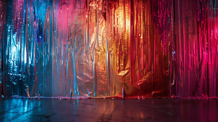 multicolor foil curtain backdrop, photobooth background - obrazy, fototapety, plakaty