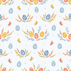 Seamless Pattern of Easter Eggs and Floral Elements. Spring Background with Cute Painted Eggs, Leaves and Flowers. Vector illustration.