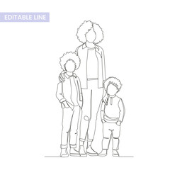 Fototapeta na wymiar One single endless line single parent family group portrait, simple continuous contour, modern trendy style, vector illustration isolated on white. Single mother and two kids