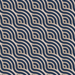 Fototapeta premium Japanese wave geometric seamless pattern, gold and blue, circle fish scale imitation, traditional oriental art