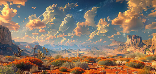 A breathtaking futuristic landscape with orange vegetation, rocky formations, and a sky filled with fluffy clouds and shooting stars. Perfect for a mesmerizing wallpaper.