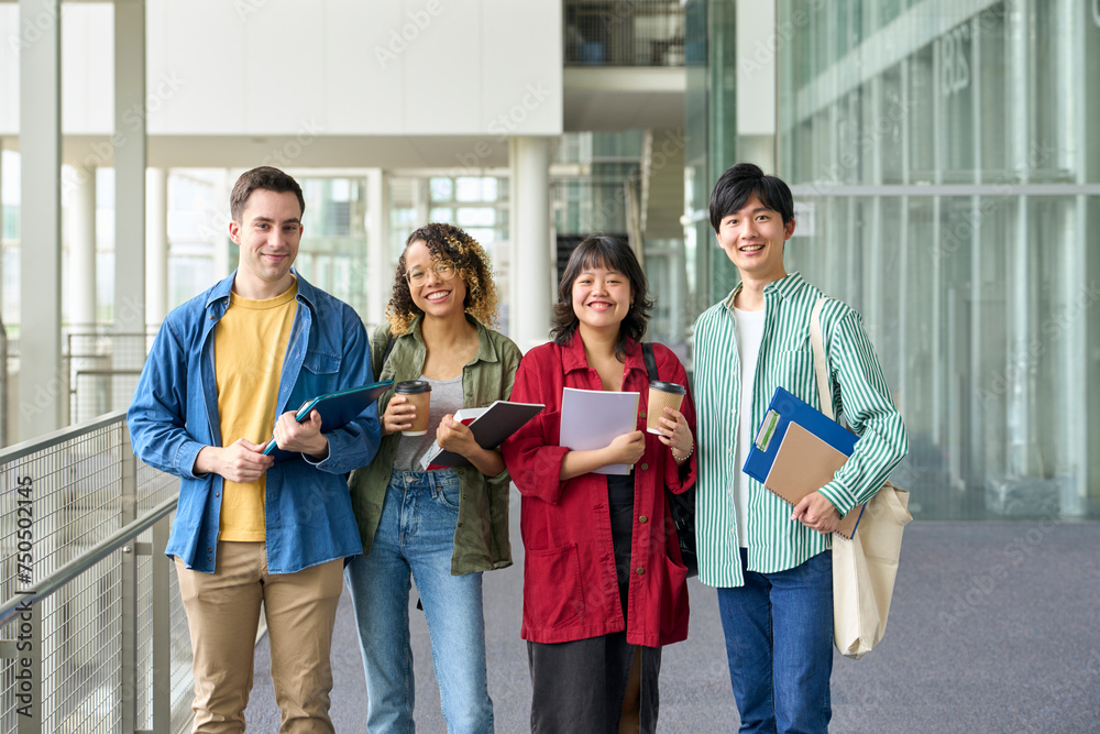 Poster group of multinational students smiling and lining up at university