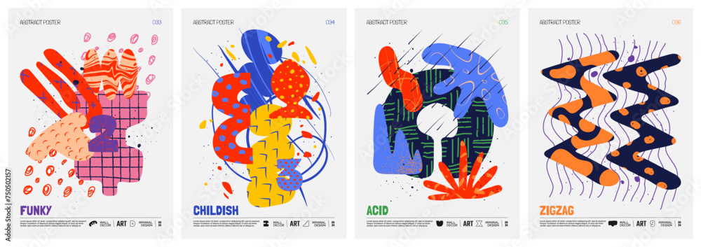 Poster colorful vector minimalistic posters with bizarre abstract geometric unusual shapes and forms with d