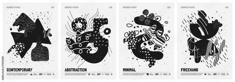 Poster black and white vector minimalistic posters with bizarre abstract geometric unusual shapes and forms