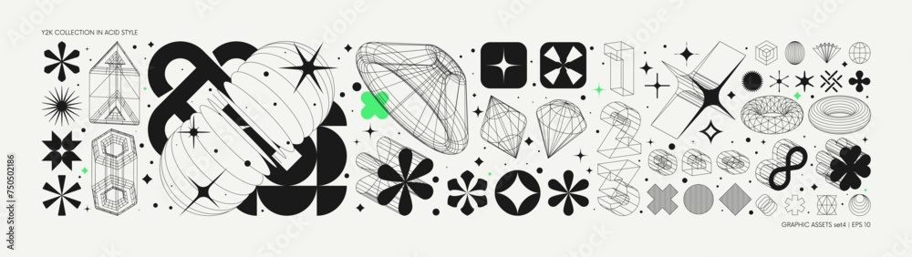 Leinwandbilder Vector graphic assets set in acid style, retro futuristic background with wireframe elements of different forms, bold modern shapes for design template, poster, stickers, banner in Y2k style set 3