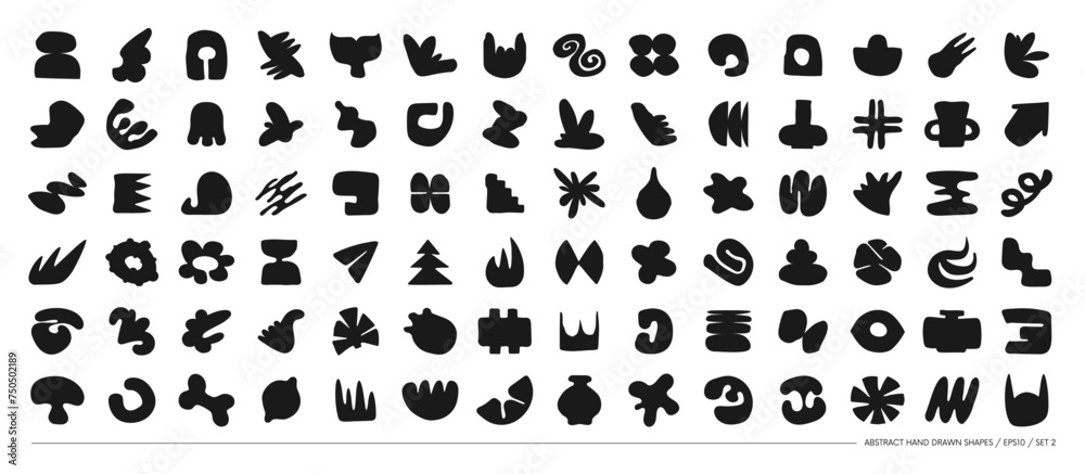 Leinwandbilder Set of silhouettes minimalistic bizarre abstract geometric unusual shapes and forms in matisse art style, Hand drawn monochrome primitive, Big vector doodle objects and graphic elements, set 2