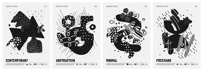 Black and White vector minimalistic Posters with bizarre abstract geometric unusual shapes and forms with textures in matisse style, Hand drawn modern wall art with aesthetic naive figures, set 10 - obrazy, fototapety, plakaty