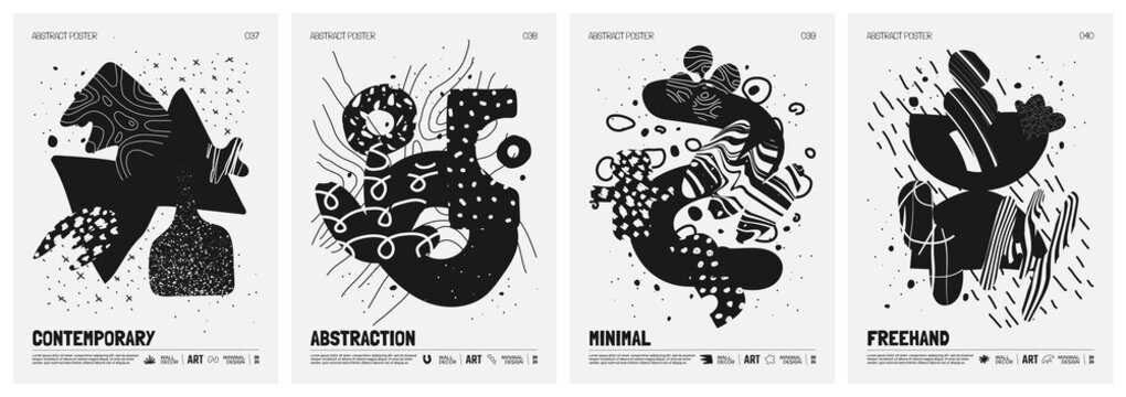 Black and White vector minimalistic Posters with bizarre abstract geometric unusual shapes and forms with textures in matisse style, Hand drawn modern wall art with aesthetic naive figures, set 10