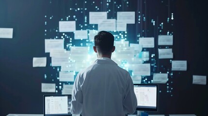 A focused healthcare professional is utilizing a Document Management System (DMS) on a computer to streamline patient data for efficient telemedicine consultations.