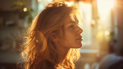 Young woman with backlit hair in golden hour light. Peaceful profile portrait in a home environment. Serenity and tranquility concept. Design for book cover, profile photo, and wellness themes  - obrazy, fototapety, plakaty
