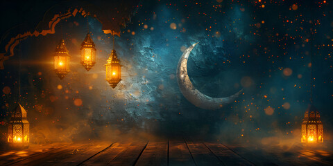 Ornate Crescent Moon Adorned with a Hanging Golden Lantern Islamic Concept Background, Ramadan ambiance with glowing lanterns, crescent moons, and starry brilliance, 
 - obrazy, fototapety, plakaty