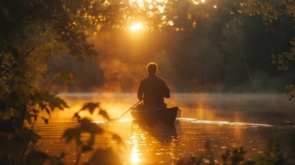 Person rowing a boat on a foggy river at sunrise. Autumn serenity and outdoor adventure concept. Design for travel, exploration, and peaceful themes with copy space
