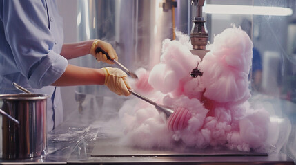 Making cotton candy using sugar in machine
