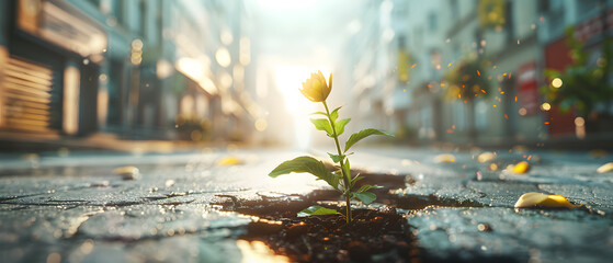 Small Flower growing out of cracked street. Highly detailed and realistic concept design - obrazy, fototapety, plakaty