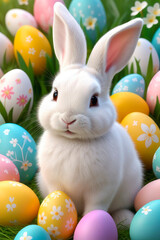 Fototapeta na wymiar Colorful eggs and cute white Easter bunny with spring flowers.