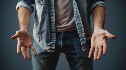 Man with empty pockets gesturing nothing with his hand - obrazy, fototapety, plakaty