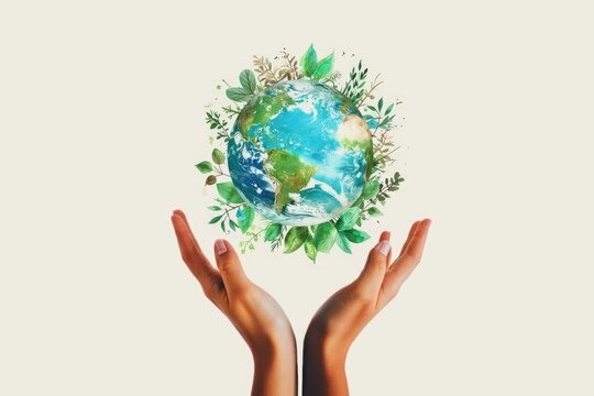 Illustration of hands holding a globe with green nature
