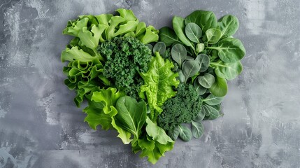 Fresh, vibrant leafy greens arranged meticulously to form a heart shape, symbolizing the connection between healthy eating habits and cardiovascular health.