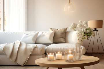  Modern house interior details. Simple cozy beige living room interior with white sofa, decorative pillows, wooden table with candles and natural 
