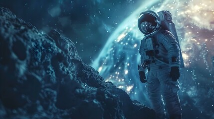 Fototapeta na wymiar Exploration of an alien planet by a virtual reality astronaut in space. Concept Virtual Reality, Alien Planet, Space Exploration, Astronaut Simulation, Otherworldly Adventure