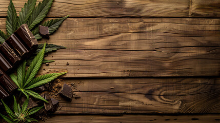 Marijuana leaf and chocolate on brown wooden background