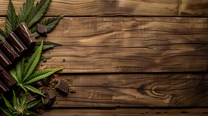 Zelfklevend Fotobehang Marijuana leaf and chocolate on brown wooden background © khan
