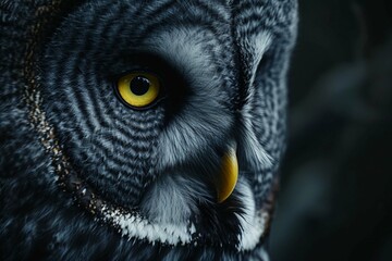 Generative AI illustration of closeup round yellow eyes of great gray owl looking away at dark night - Powered by Adobe