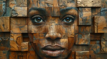 Fototapeta na wymiar Wood cube portrait of a girl