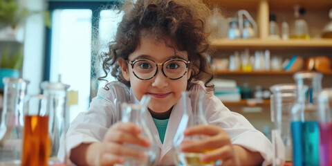 little girl with glasses are engaged in scientific activities, experimenting with different liquids in test tubes