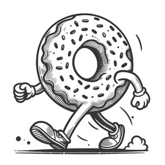 cartoon doughnut donut character with arms and legs in motion, running walking on his feet sketch engraving generative ai raster illustration. Scratch board imitation. Black and white image.