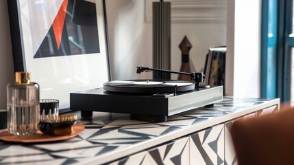 Contemporary turntable setup on a geometric patterned sideboard with artistic decor and cozy interior ambiance.
