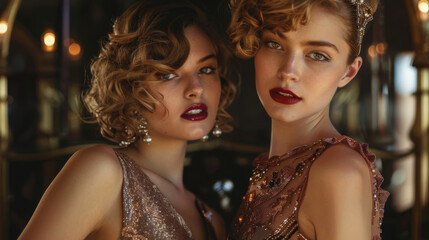 An intimate portrait of two women adorned in Roaring Twenties inspired attire, showcasing vintage elegance and beauty.