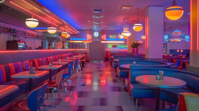 Colorful retro diner with neon signs, vibrant lighting, and classic booth seating, evoking nostalgic Americana.