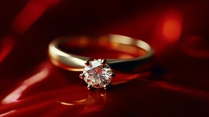 Close-up of beautiful diamond engagement ring on blurred defocused background with copy space