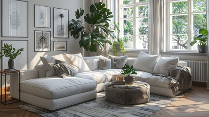 Mock up a stylish living room with a comfortable corne