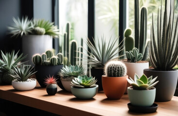 Chic collection of various cacti and succulents on a windowsill, basking in natural light