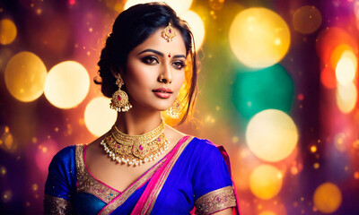 beautiful Indian woman in sari. Selective focus. - obrazy, fototapety, plakaty