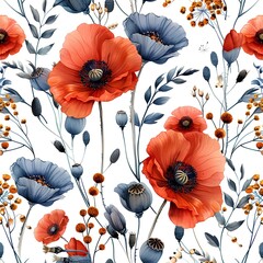 Poppy boxes and flowers on a white background, decorative pattern