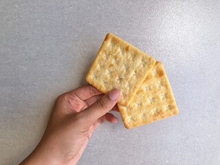 hand holding a cracker, 2 of them. And square crackers
