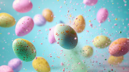 Fototapeta na wymiar Colorful Easter Eggs Exploding in Colorful holi powder blowing up. Vibrantly colored Easter eggs burst in a dazzling explosion of colors and glitter, creating a festive and joyful holiday atmosphere.