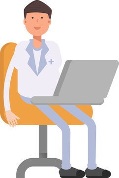 Physician Character Working on Laptop
