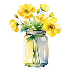 Watercolor artwork Illustration bouquet of yellow flowerss in vase