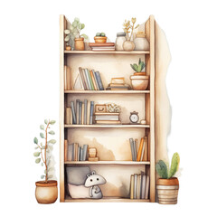 Watercolor artwork Illustration wooden shelf with books